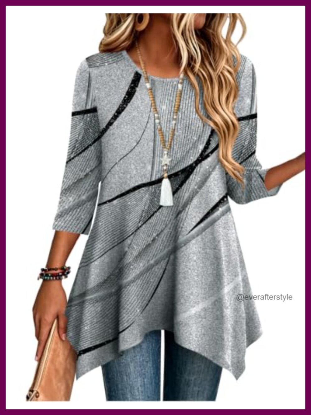 Womens 3/4 Sleeve Crew Neck Tunic Top Loose Fit Asymmetrical Hem Dressy